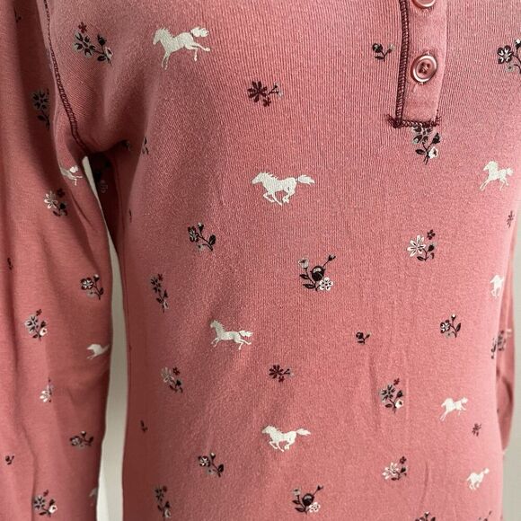 Bit and Bridle Horse Print Thermal Henley Top M Pink Equestrian Cowgirl Country - Picture 9 of 11